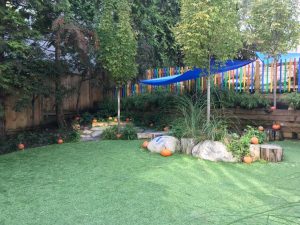 picture of an outside playground, with pumpkins scattered acroos.